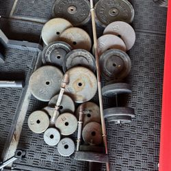 Standard weights 410lbs total plus 6ft bar plus adjustable handles