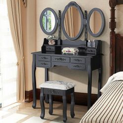 3 Table Dressing Wood Desk Set with Stool Mirror 7 Drawer Vanity Makeup Black