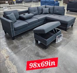 Dark Gray Sectional Sofa with Storage Ottoman