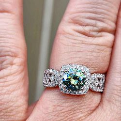 1 Carat Green Moissanite 18kt White Gold Plated Sterling Silver Ring