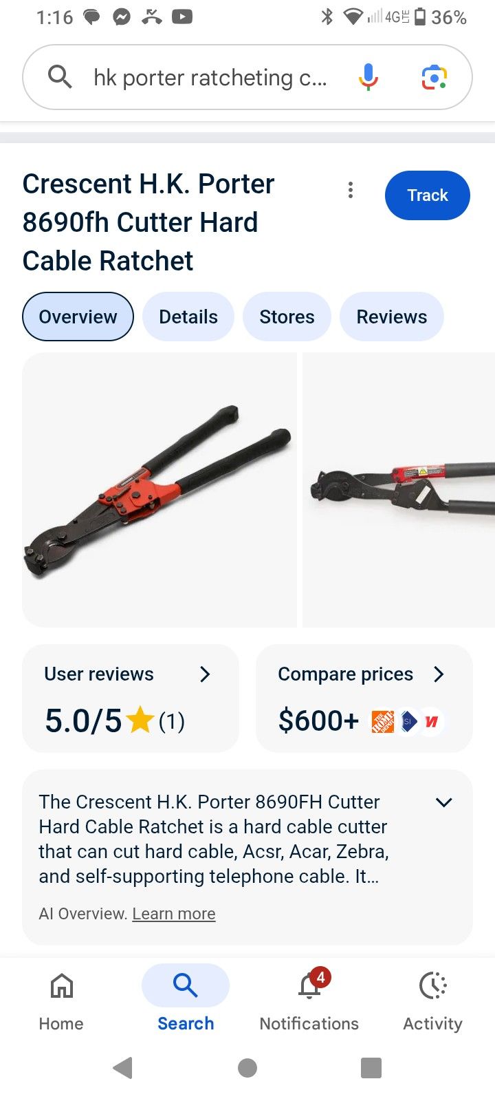 Crescent Hk Porter 8690fh Cutter Hard Cable. Ratchet