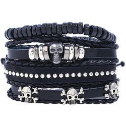 Brand New Skull Leather Bracelet Braided Wide Wristband Women Men Punk Rock Jewelry Skull Cuff Bracelet Set