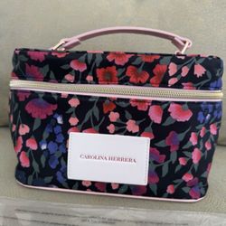 NEW Carolina Herrera Floral Makeup Bag Multicolor Fabric Top Handle 9x6x3.5 in