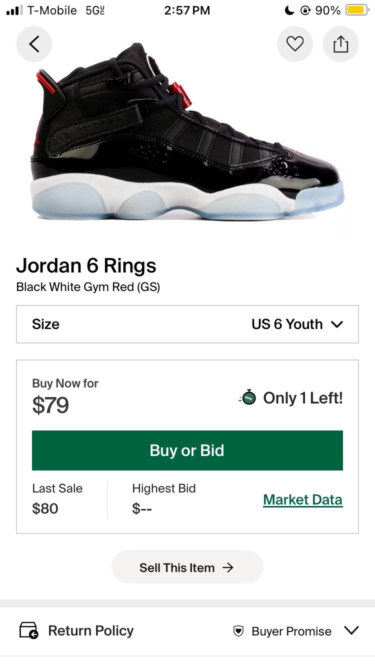 Jordan 6 Rings “Black White Gym Red Size 6