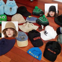 knit hats,beanie(baby/UCLA/etc),winter,baseball caps(Giants/etc),toddler sun bucket,plush monster alligator fuzzy house slippers