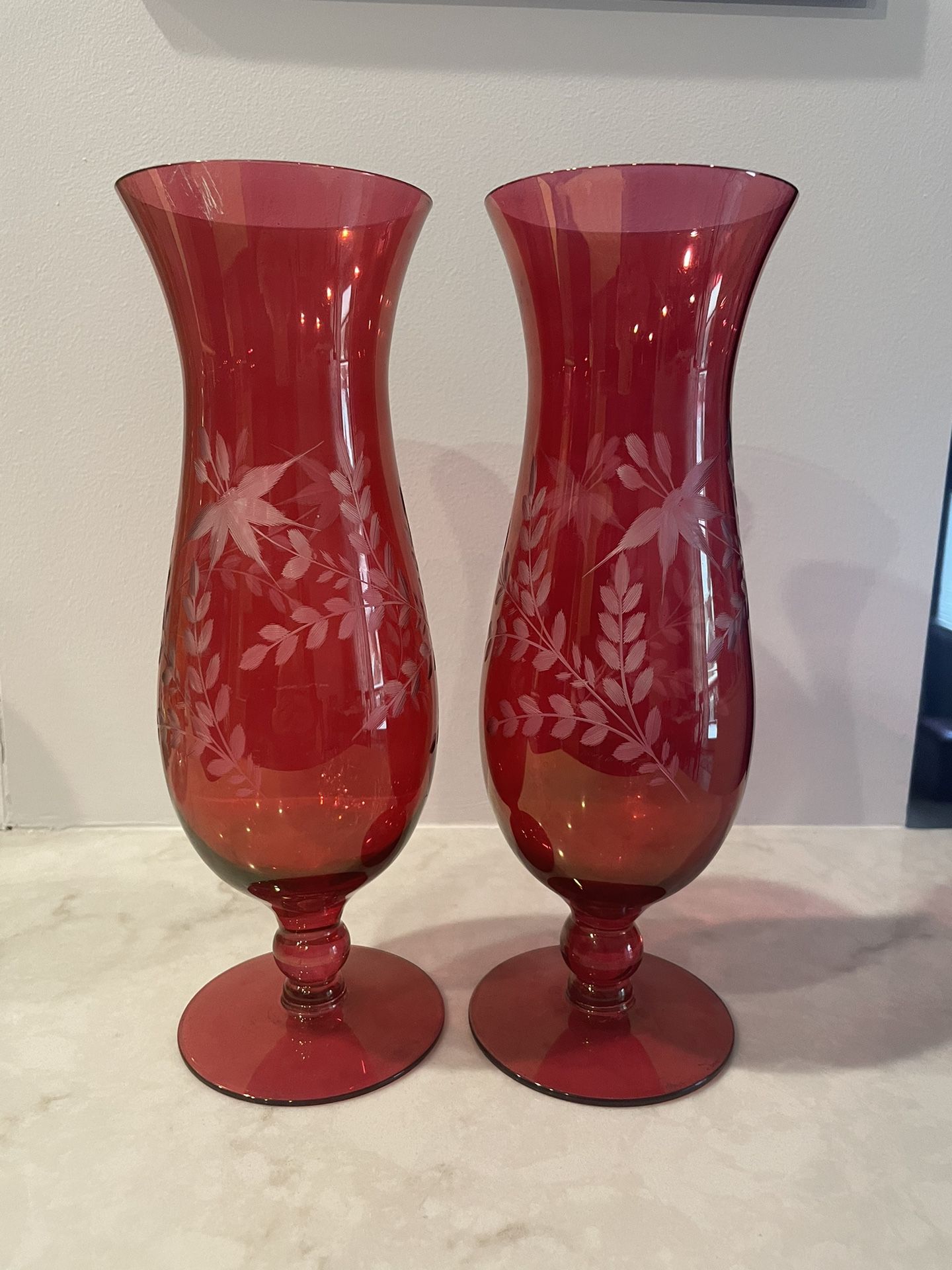 Cranberry Glass Etched Vases- Set Of 2