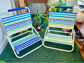 Pair of Lightweight, White Metal Frame, Folding, Low to the Sand Beach Chairs!
