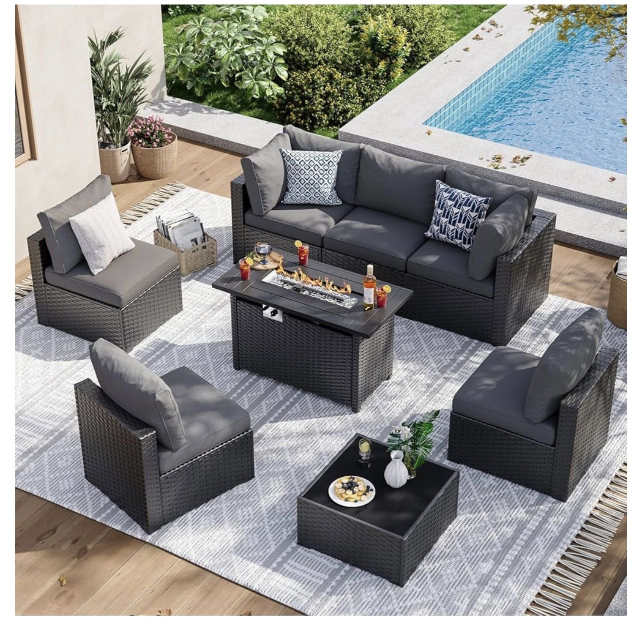 New,8 Pieces Outdoor Patio Set With Fire Pit Table