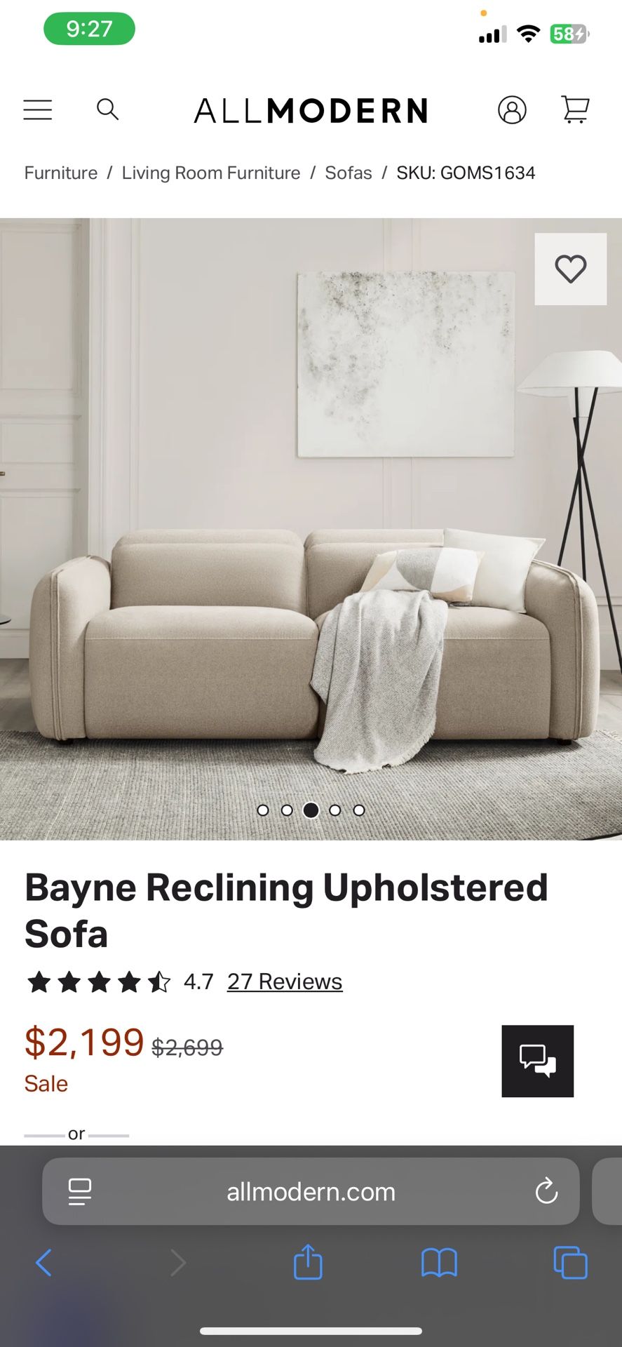 NEWWW All Modern Bayne Electric Reclining Sofa Midcentury MCM