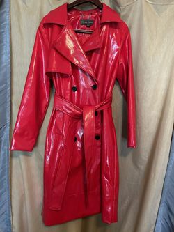 Forever Audrey Sz L Red Faux Patent Leather Red Raincoat