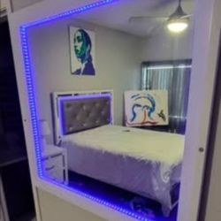 All White Bedroom Set With Blue Led Lights
