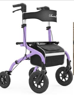 PLANET WALK Foldable Rollator Walker: 10" & 8" All-Terrain Wheels, 300lb Capacity, Treaded Rubber Tires, Breathable Seat & Backrest, Lightweight Mobil