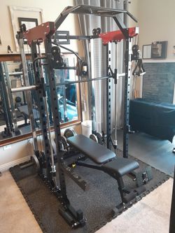 Home Gym - Smith Machine / Dual Cable Pulleys / 335 Pound Olympic Plate Set... Smith Machine Home Gym
