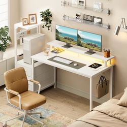 59 Inch Gaming Desk with USB Charging Ports & LED Light- Reversible Computer Desk with Storage Shelves & Monitor Stand, Modern Gamer Desk Table with F