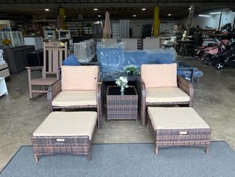 Brand new and assmbled Balcony Furniture 5 Piece Patio Conversation Set, PE Wicker Rattan Outdoor Lounge Chairs with Soft Cushions 2 Ottoman&Glass Tab