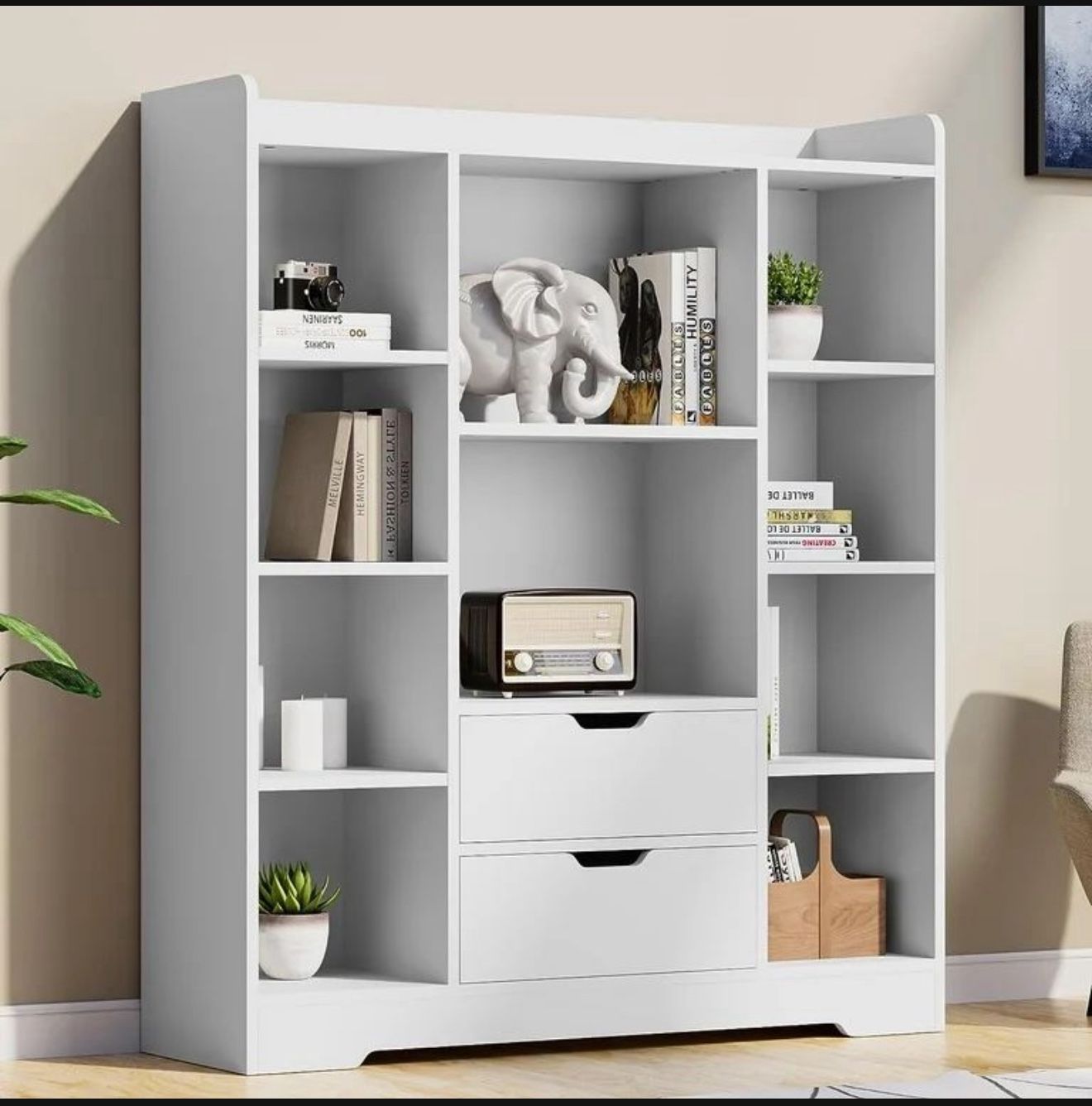 Modern 47” White Storage Shelf w/ 2 Drawers