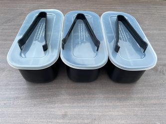 Set of three Cambro food prep containers with rubber lids and tongs