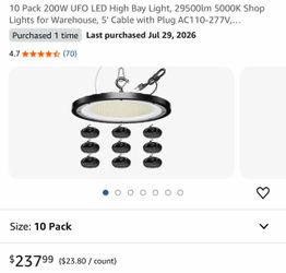 10 Pack 200W UFO LED High Bay Light, 29500lm 5000K Shop Lights for Warehouse, 5' Cable with Plug AC110-277V