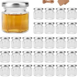 1.5oz Clear Hexagon Jars,70 Pcs Mini Honey Jars with Silver Lids,Small Glass Jars with Tags and Jute Twine for Party Favor,Herbs,Jelly,Jams,Spices,Wed