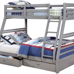 Twin/Full Gray Bunk bed w. Drawers & Ortho Mattresses Included