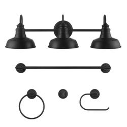 Hampton Bay Elmcroft 29 in. 3-Light Matte Black Farmhouse Vanity Light with Matching 4-Piece Bathroom Hardware Accessory Kit