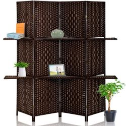 4 Panels Room Divider Wall Dividers Double Hinged Privacy Wooden Partition  w/ 2 Removable Shelves