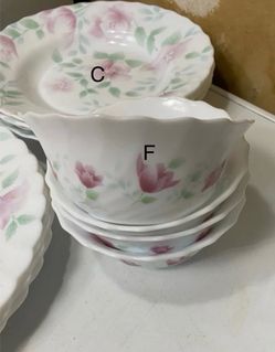 This post is for (F) Four Small Cereal Bowls. Arcopal France Rose Floralies Vintage Dinnerware Set pieces. Have the rest in other posts here. (FOUR SM