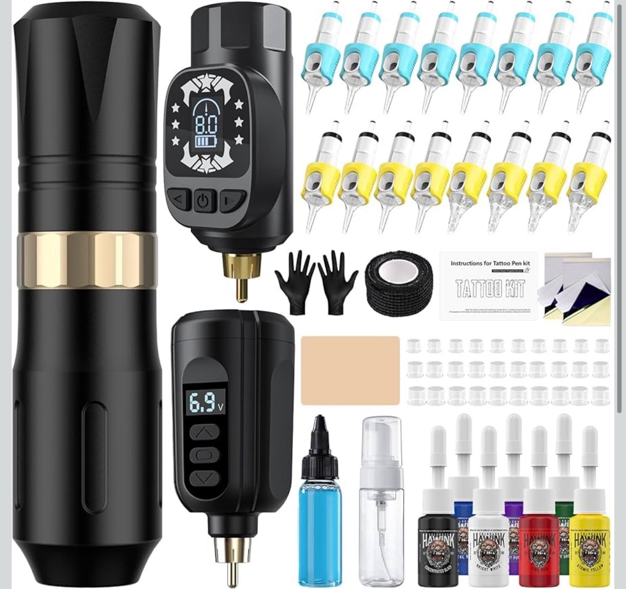 Tattoo Gun Kit Wireless Tattoo Machine Pen Kit with 2 Batteries 16 Cartridge Needles 7 Ink Colors for Complete Rotary Tattoo Supply HW-TK1005-1