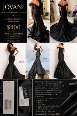 Jovani Black Satin Mermaid Gown Size 4 | New With Tags | Off-Shoulder Formal Evening Dress