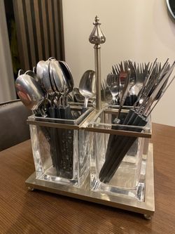 Godinger Flatware Caddy, Thick Clear Glass, Metal Base, 7.5”x7.5”