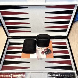 Backgammon Game Vtg Leather Case Black/Maroon/Gray New Other Gold Accent