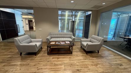 Gray couch with 2 chairs