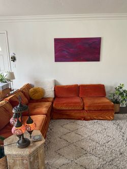 Authentic 1960s orange velvet couches — vintage mid century modern boho