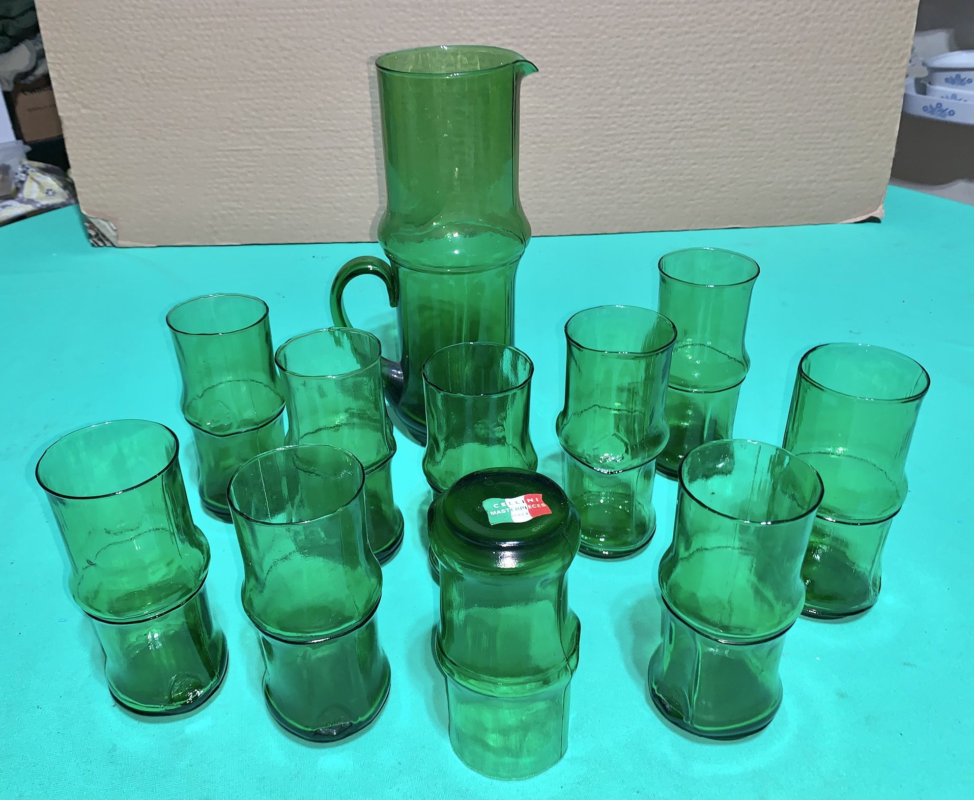 11 Vintage Cellini Italy Art Glass MCM Pitcher Glasses Bamboo Mid-Century Modern