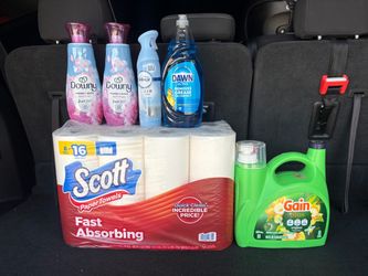 Gain detergent plus, Scott paper towels, downy softner, dawn dish & febreze