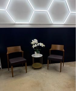 Two solid italian wood/ leather guest chairs, side table and faux orchid