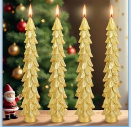 New 4 Pcs 10" Golden Unscented Christmas Tree Taper Candles for Home Decor Safe Non-Pungent Odor Wax, Steady Long-Time Burning, Anti-Drip Wax Craft, C