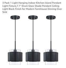 3 Pack 1 Light Hanging Indoor Kitchen Island Pendant Light Fixture,7.1" Drum Glass Shade Pendant Ceiling Light Black Finish for Modern Farmhouse Dinni