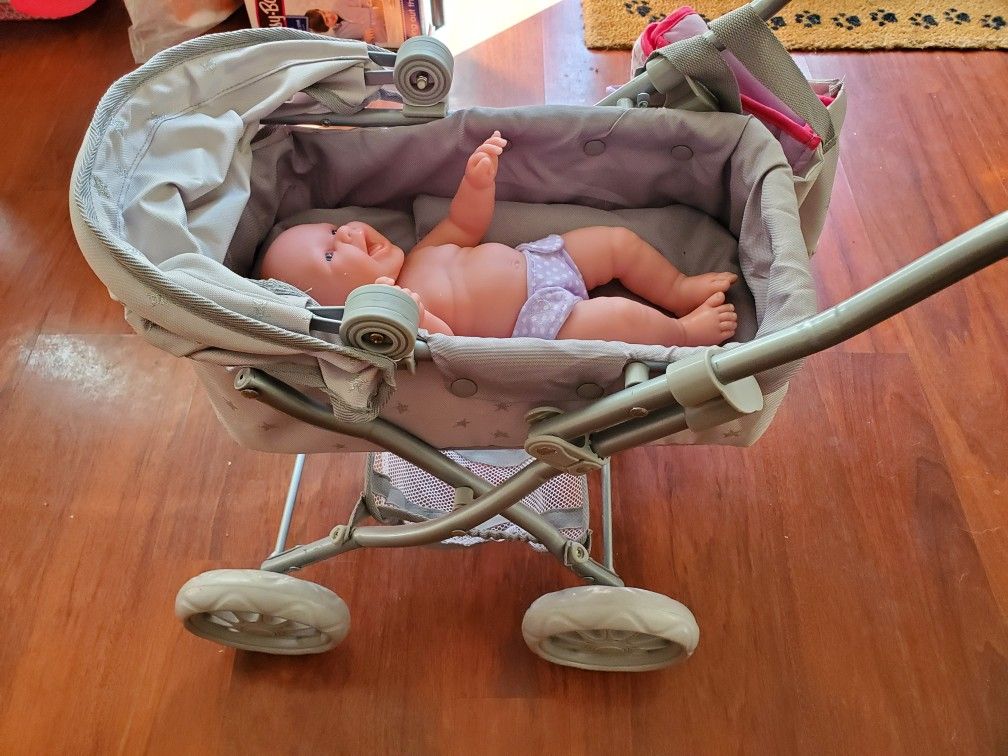Pottery Barn Kids Gray Stars Pram Doll Stroller and baby doll
