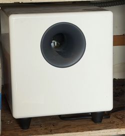 Audioengine S8 Powered Subwoofer in white, featuring an 8-inch driver and 250 watts of power