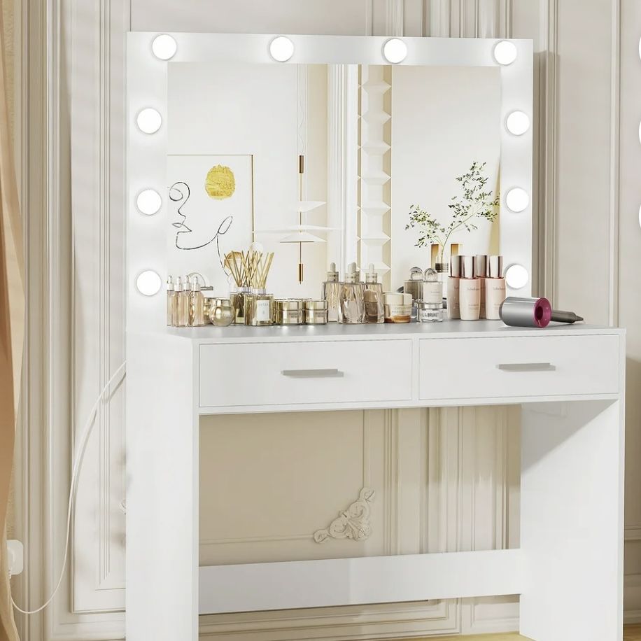 Vanity Desk with Mirror, Makeup Table with 2 Large Drawer 3 Color Modes Adjustable Bulb with Bench