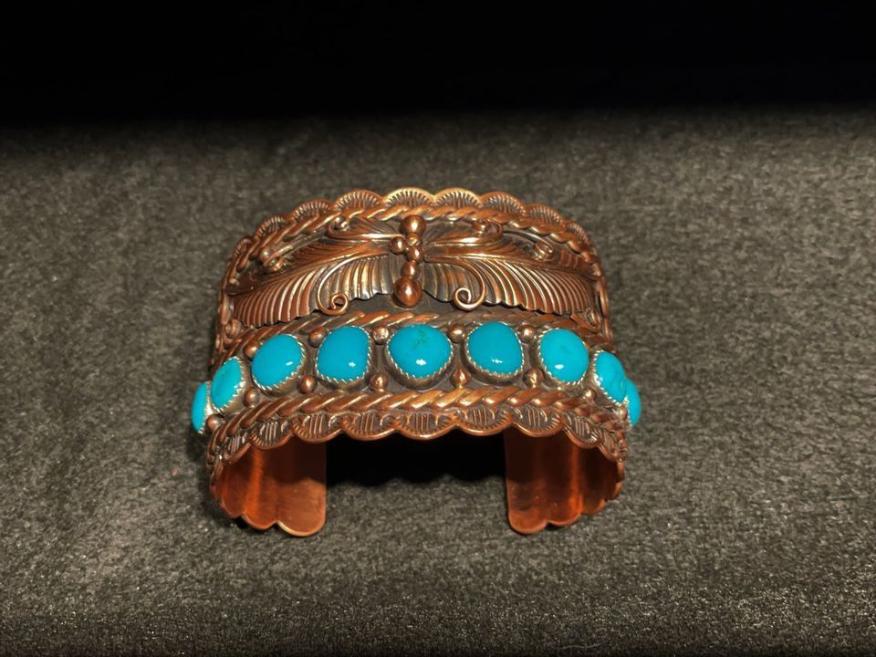 Beautiful!! RUNNING BEAR Native American Indian Copper Sterling Silver Turquoise Cuff Bracelet Mint