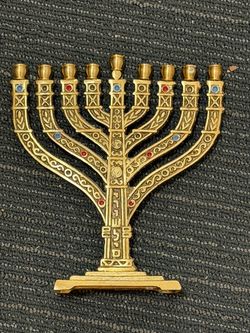 Gold Brass Hanukkah Menorah with Gemstones
