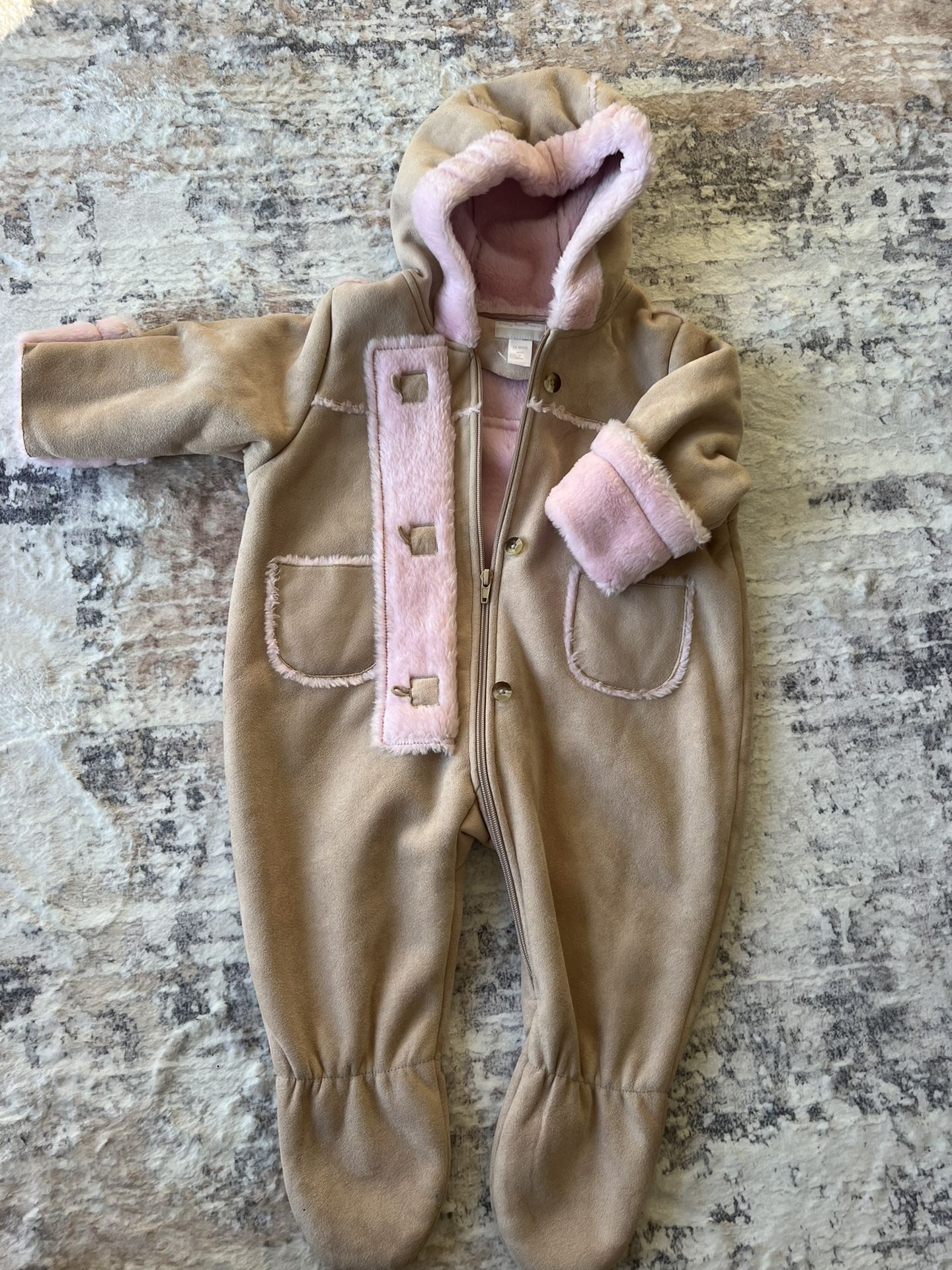 Used But Like New! Suede Leather Extra Warm Snow Jumpsuit! Light Beige/ Pink! Size 12 Month! 