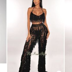BLACK CROCHET HALTER FRINGE PANTS TWO PIECE SET COVER UP