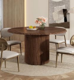 RR0107 47" Modern Round Dining Dinner Table with Metal Base for 4 People - Walnut