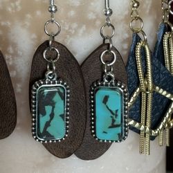 Your choice handcrafted drop dangle earrings  gold tone silver tone  leather  faux turquoise  NEW