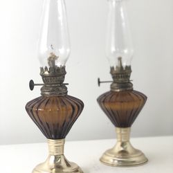 Set Of 2 Vintage Kerosene Oil Lamps - Miniature - Topaz