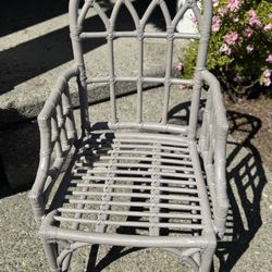 MCM Rattan Bamboo Accent Lounge Desk Dining Arm Chair McGuire Cathedral Chippendale Trellis Chair Driftwood Grey