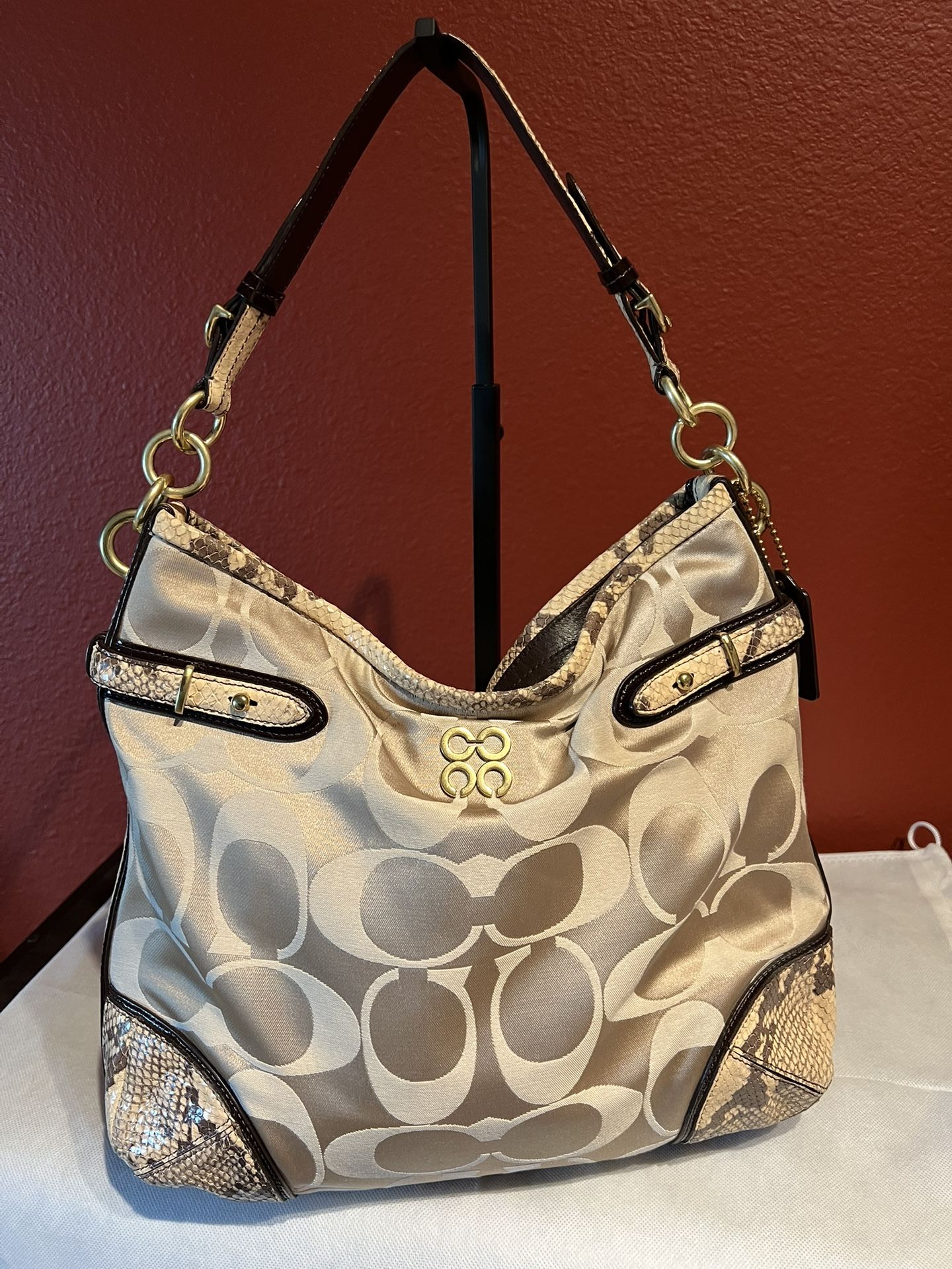 Coach Colette Signature Beige Sateen Python Hobo